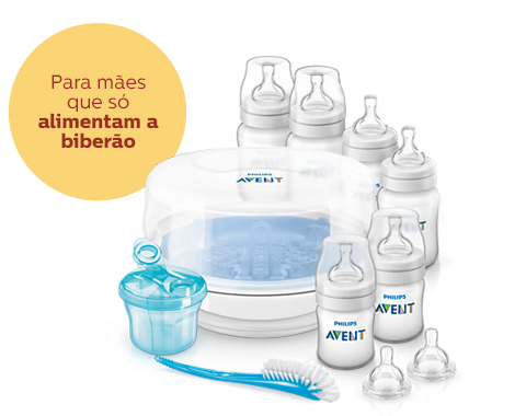 Produtos essenciais para alimenta&ccedil;&atilde;o a biber&atilde;o: biber&otilde;es, esterilizador a vapor Philips Avent