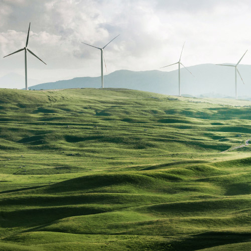Fotografia de uma encosta verde com turbinas e&oacute;licas a girar para criar energia renov&aacute;vel, em segundo plano.